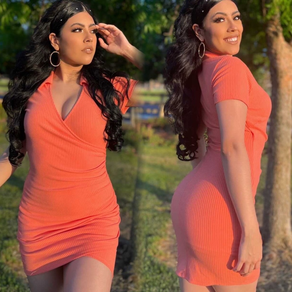Orange Ribbed Wrap Dress - Picture 3 of 12